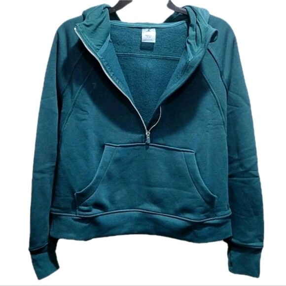 Danskin Half Zip Mixed Rib Cozy Hoodie Thumbholes Kangaroo Pocket Green Women XS - Picture 2 of 10